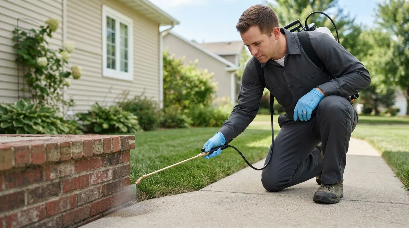 Pest control technician treating a home near Henderson, NY