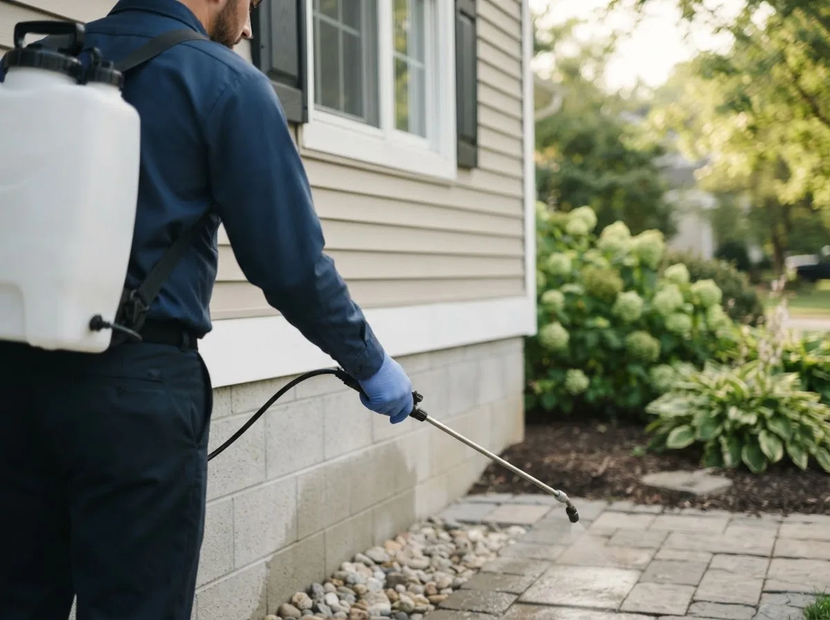 Pest control technician inspecting a home in Henderson, NY